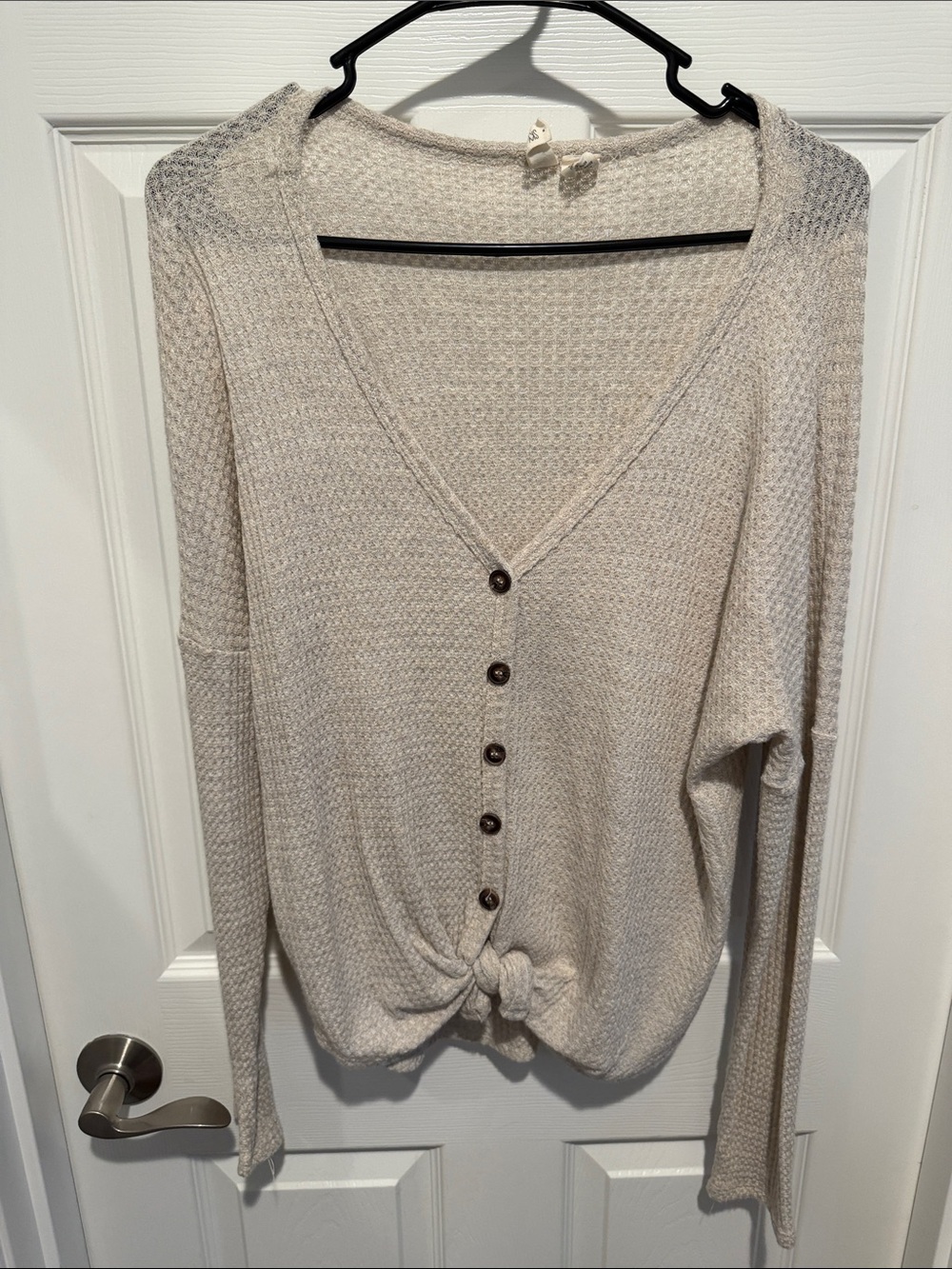 Light Beige Knit Button-Front Women’s Sweater with Front Tie - Picture 4 of 10